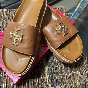 Tory Burch Tan Slides with Gold Emblem